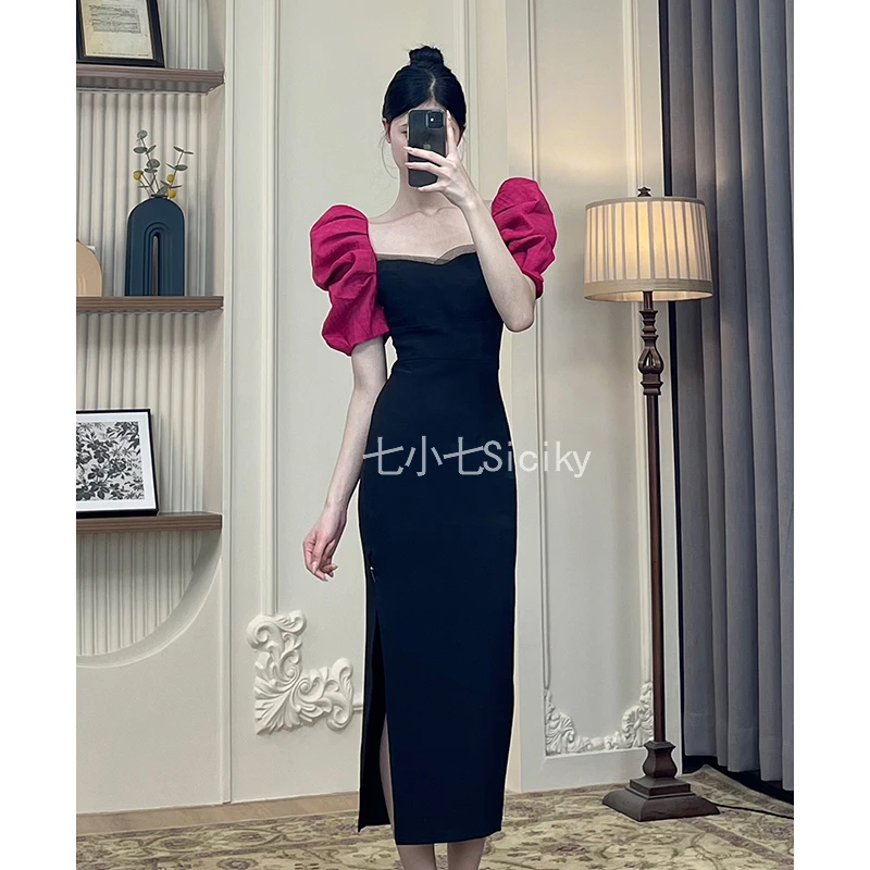 七小七【玛德里仲夏】法式方领黑色赫本风女夏高端开叉连衣裙