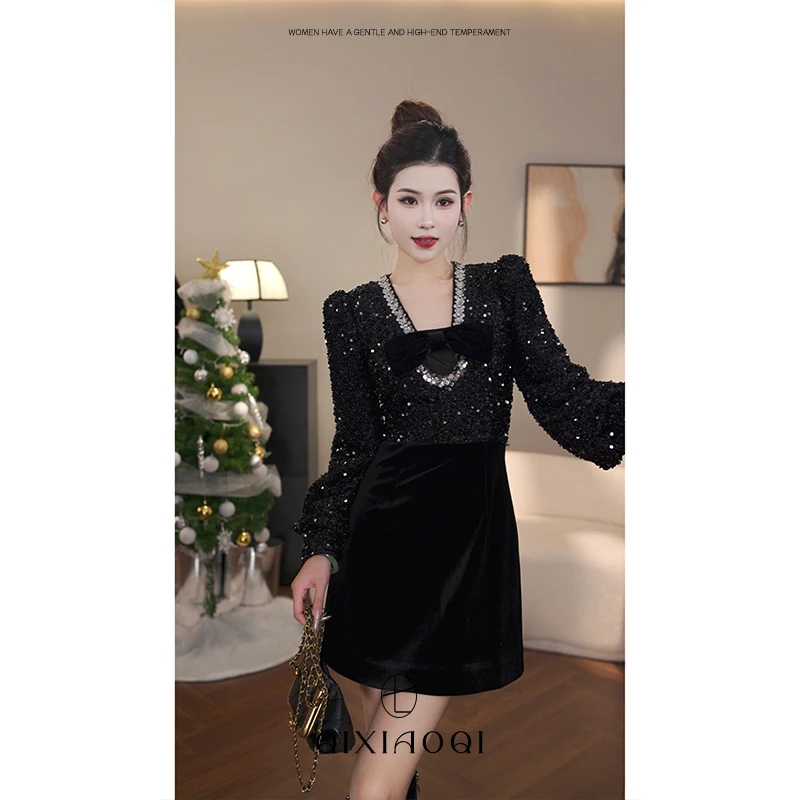 七小七Sicily【巴黎夜舞曲】法式黑色亮片丝绒连衣裙冬季设计感裙子