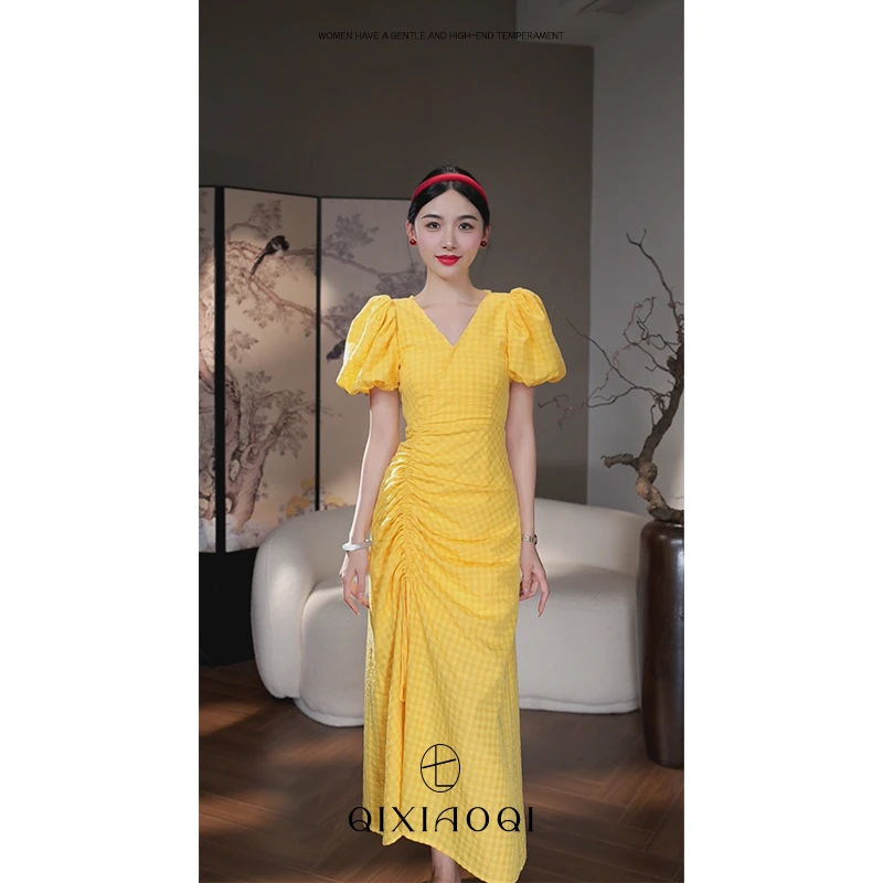 七小七Sicily【浪漫主义 黄色】法式V领连衣裙夏季小众设计优雅长裙