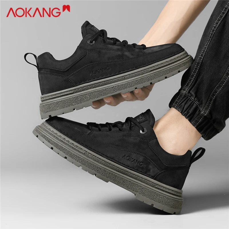 Aokang/奥康官方正版男鞋冬季马丁靴黑色休闲皮面板鞋低帮工装鞋