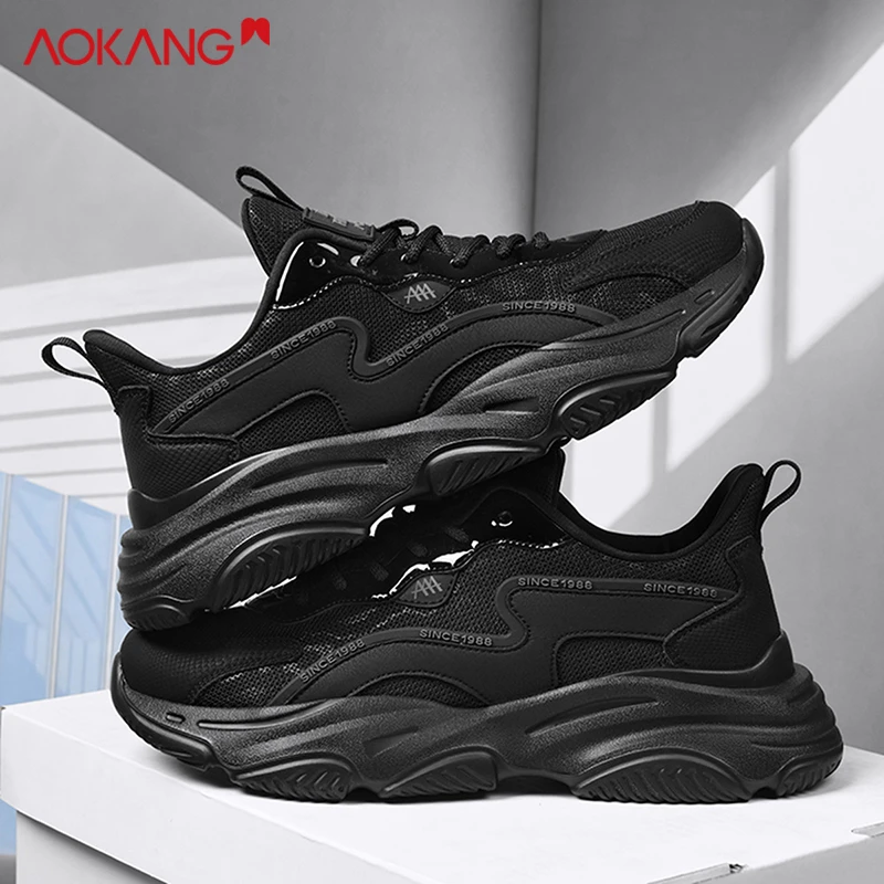 Aokang/奥康男鞋龙年新款皮网面轻便防滑黑色运动休闲厚底老爹鞋
