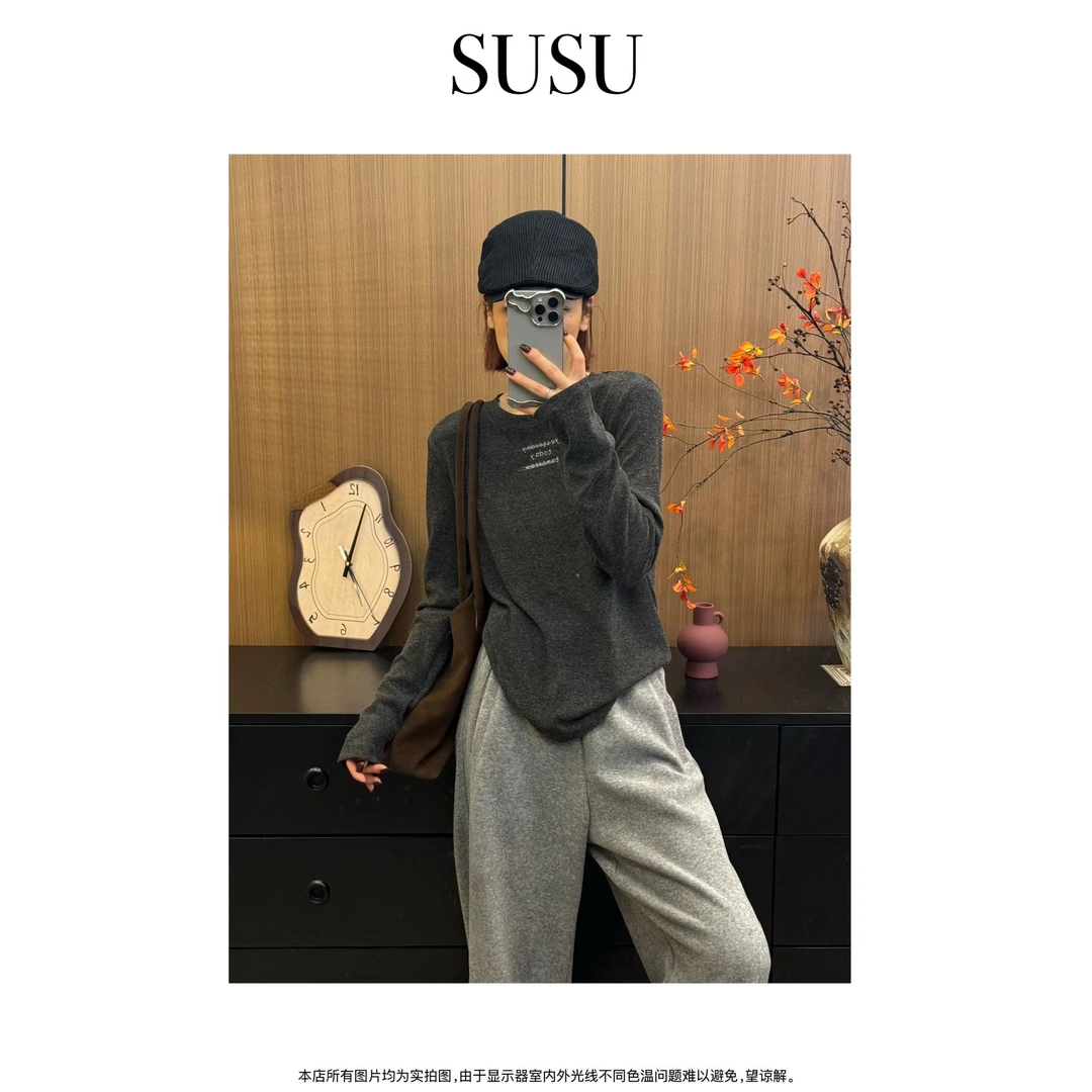 SuSu-2024秋冬新款【复古海鸥线】极简时尚加厚明线设计字母长袖T