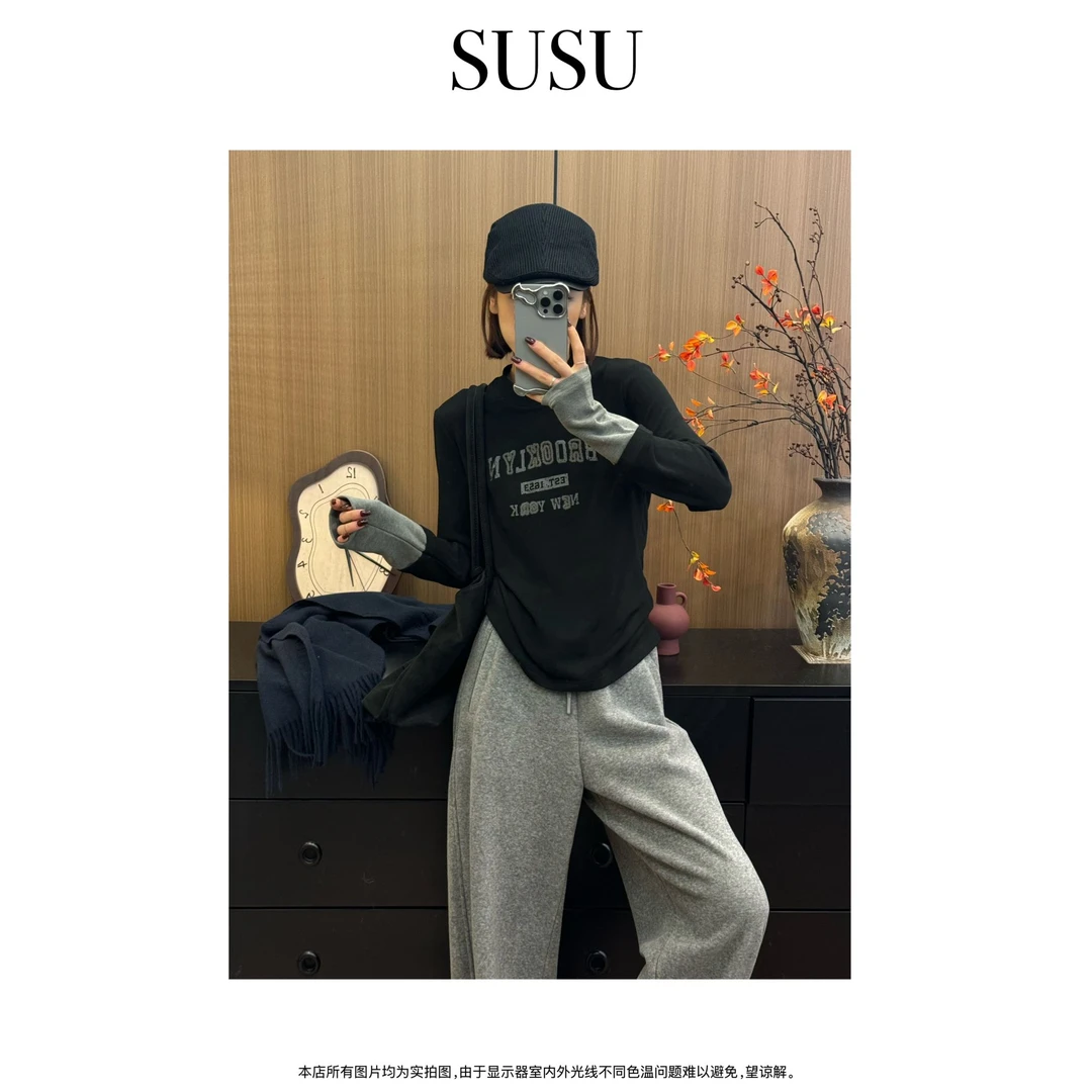 SuSu-2024秋冬新款【打翻调色盘】加绒加厚高级拼色重工字母长袖T