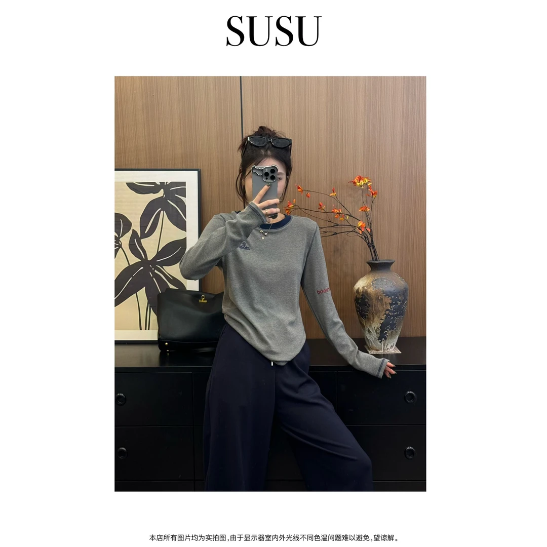 SuSu-2024早秋新款(快乐星球)设计重工明线撞色刺绣长袖T