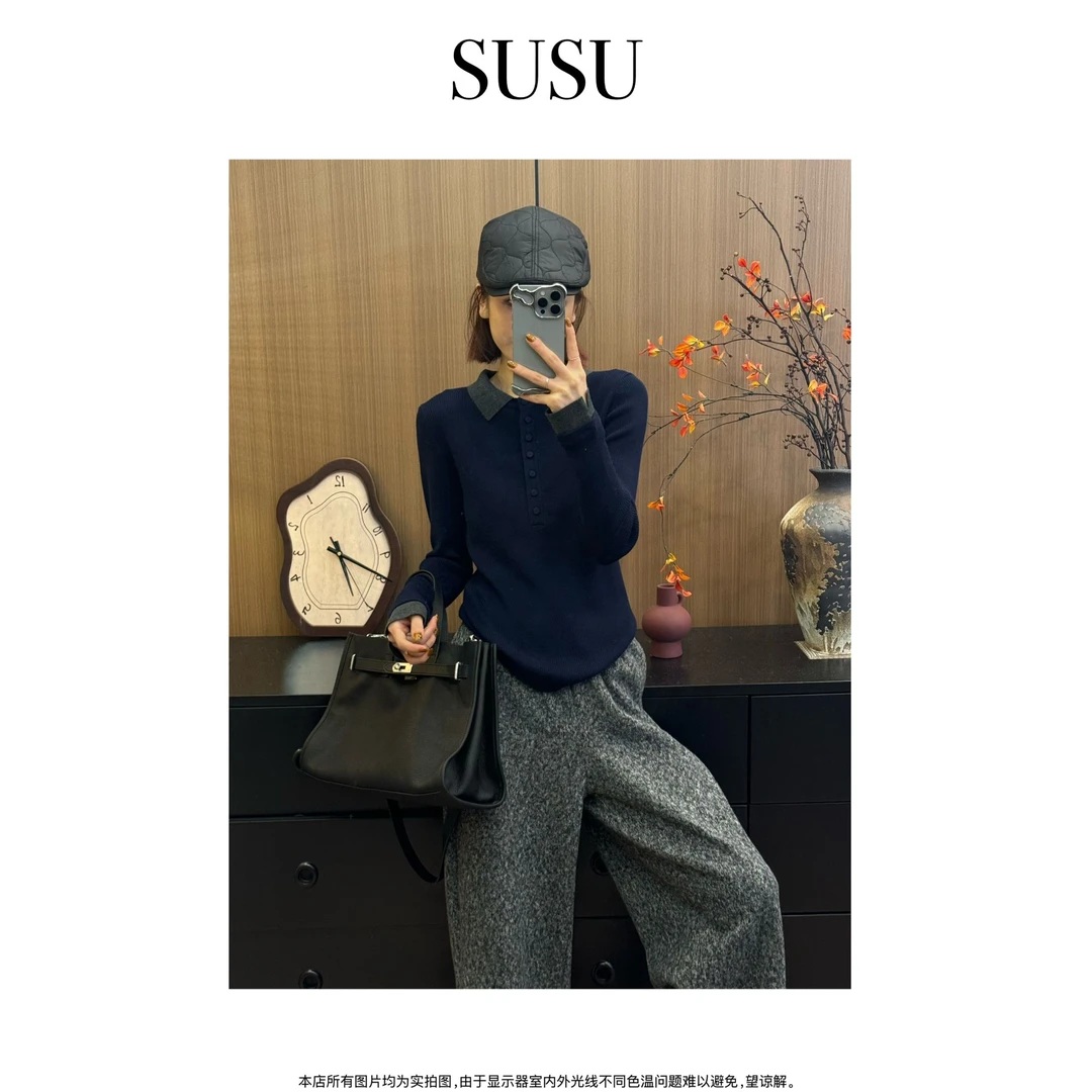 SuSu-2024新款【复古贩卖机】极简老钱风翻领单排扣针织套头毛衣