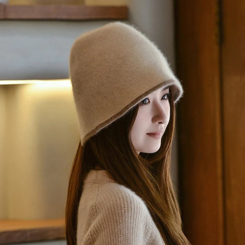 高奢品质！100%山羊绒渔夫帽女纯羊绒拼色保暖针织帽子盆帽百搭