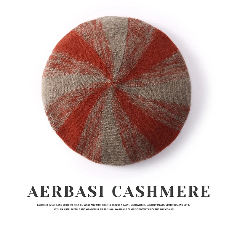 100%山羊绒帽女纯羊绒拼色帽包头帽保暖贝雷帽新款秋冬百搭时尚