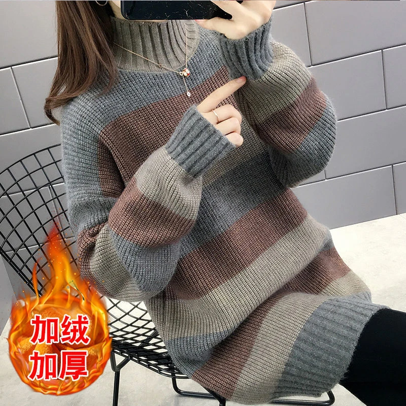 加厚高领打底毛衣连衣裙女装年新款宽松条纹中长款针织衫外套