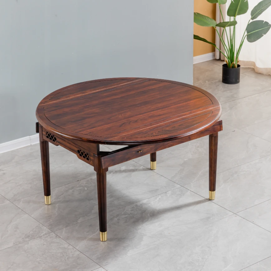 新中式黑檀色实木圆形方形折叠餐桌椅-实木跳台餐桌一桌四椅组合