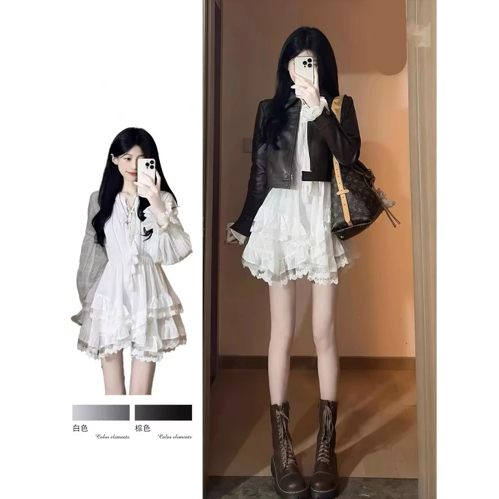 法式连衣裙女春季初恋清纯白色长袖气质短裙设计感不规则蛋糕裙子