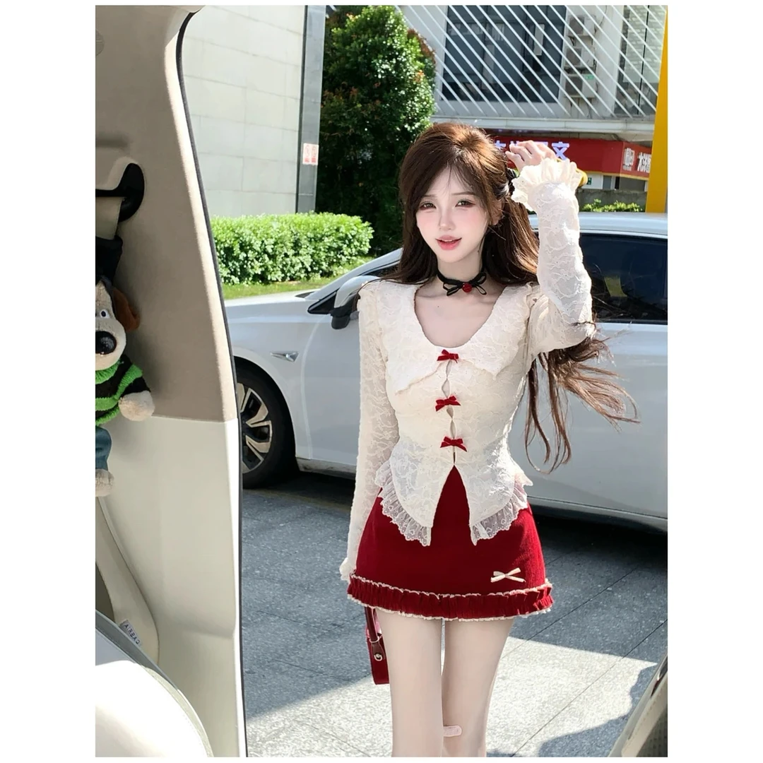 全城热恋2025秋季甜美纯欲风套装女翻领修身上衣a字半身裙两件套