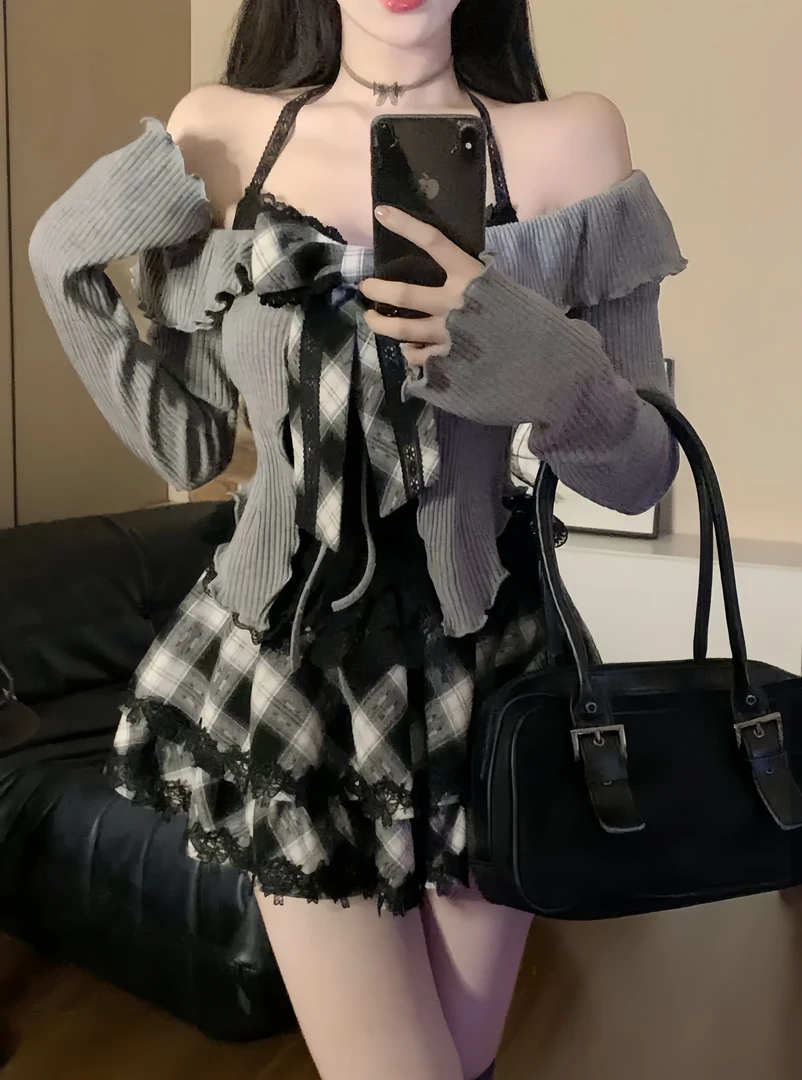 古早少女 纯欲风性感蕾丝吊带背心针织约会灰色系开衫半身裙套装