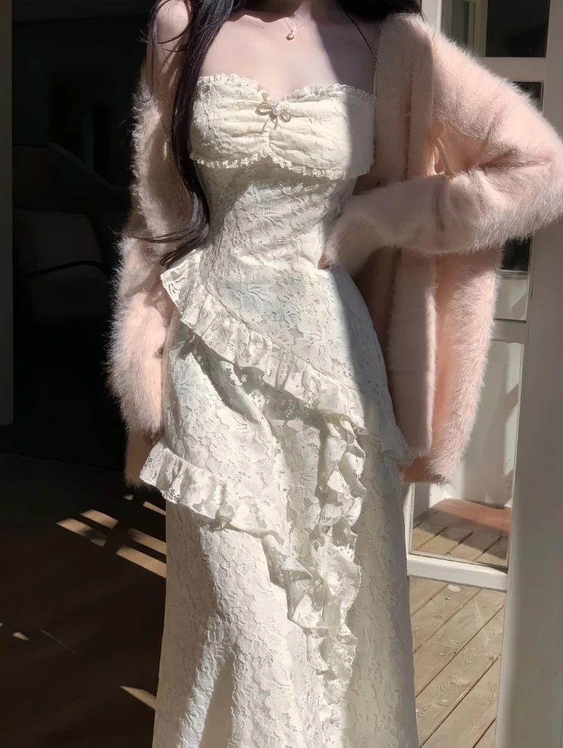 恋爱日记 法式长裙秋冬收腰显瘦纯欲风小众设计感蕾丝吊带连衣裙