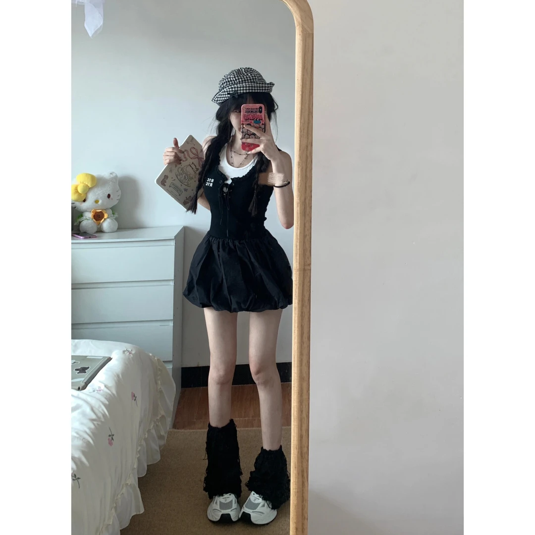 黑色假两件收腰高级感无袖背心连衣裙女夏季设计蓬蓬a字花苞短裙