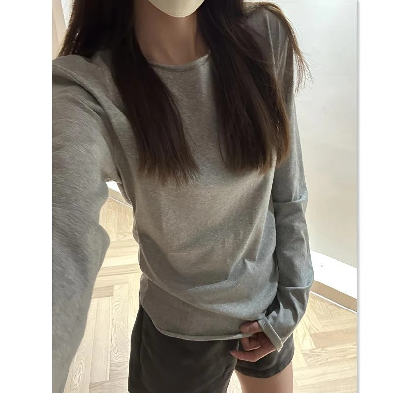 高级感灰色长袖T恤女春秋雅丹修身显瘦内搭打底正肩纯色卷边上衣