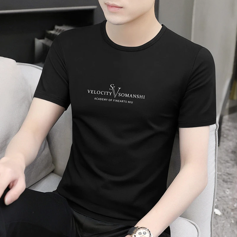 高端品牌男士短袖t恤夏季冰丝冰感莫代尔男装修身圆领半袖T恤薄款