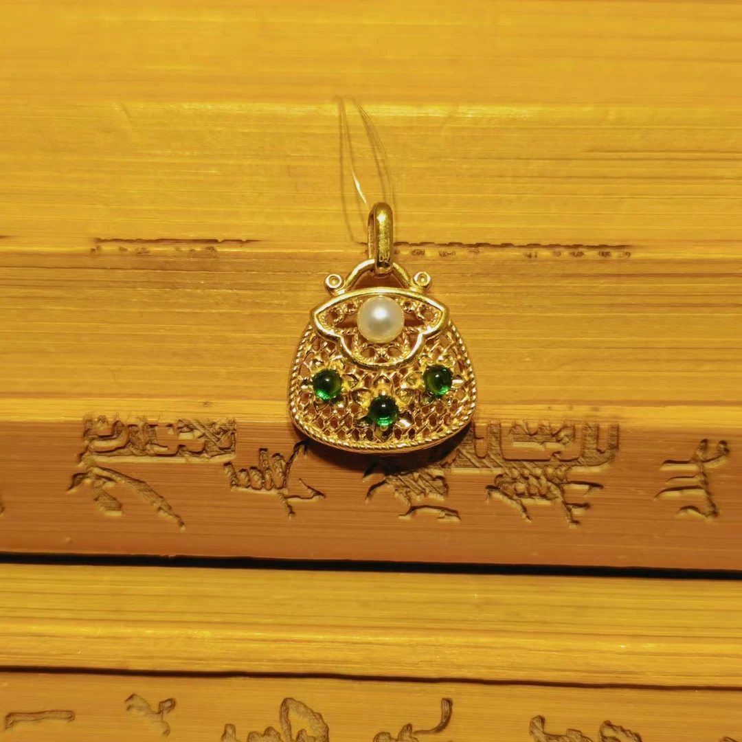 足金999花丝珍珠祥云福袋吊坠