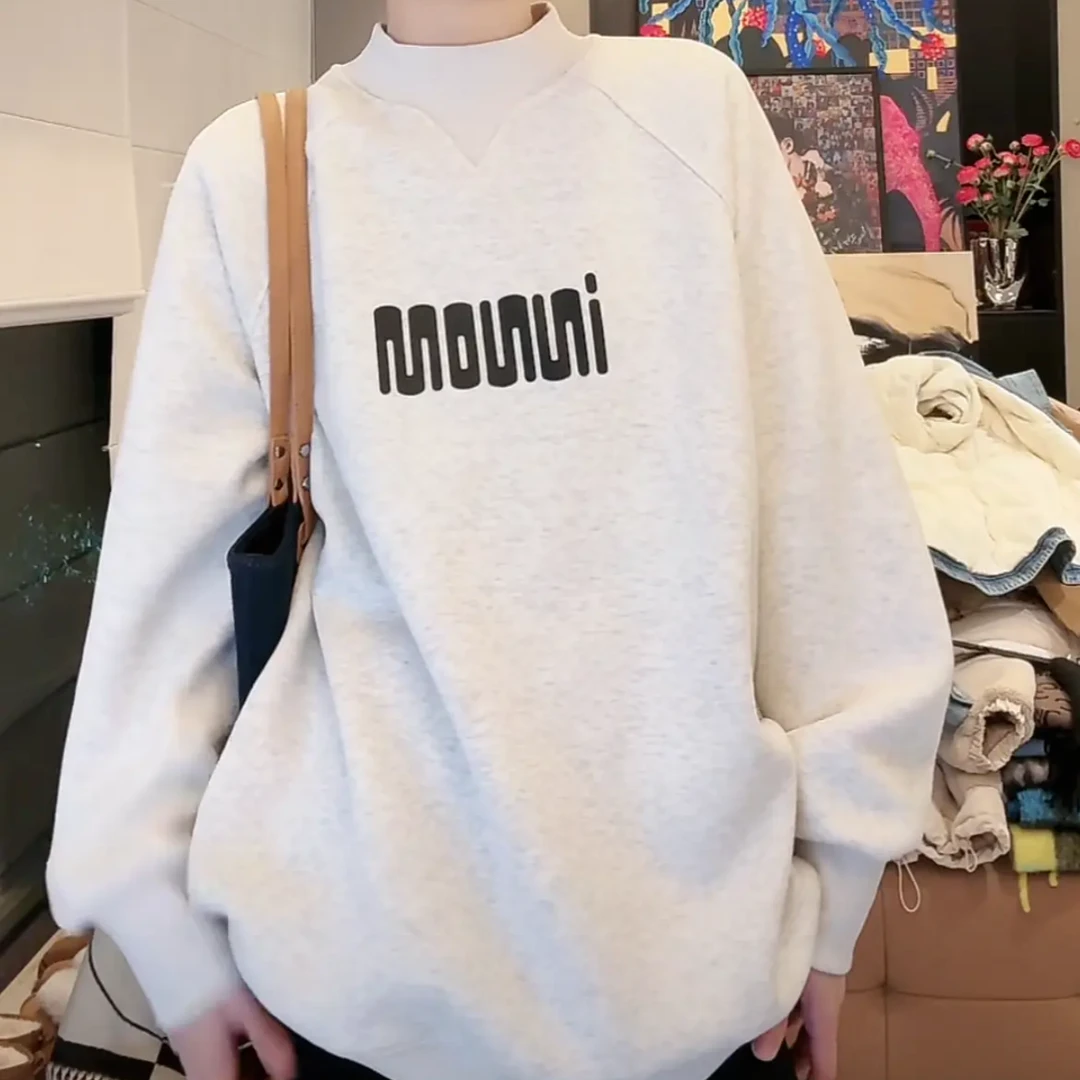 加绒卫衣加绒加厚设计感时尚休闲圆领冬季2024新款字母灰色上衣