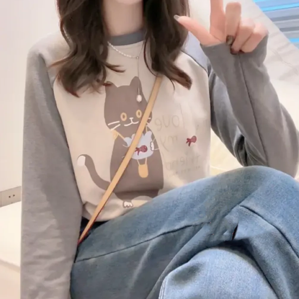 猫咪字母加绒长袖上衣2024新款秋冬时尚休闲加厚圆领打底衫T恤女