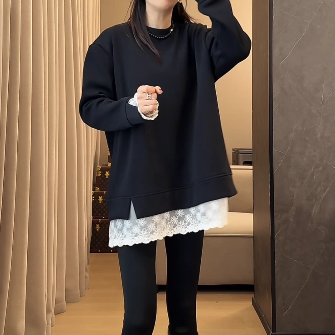 假两件蕾丝拼接打底上衣女2024新款秋冬时尚设计感宽松打底衫上衣