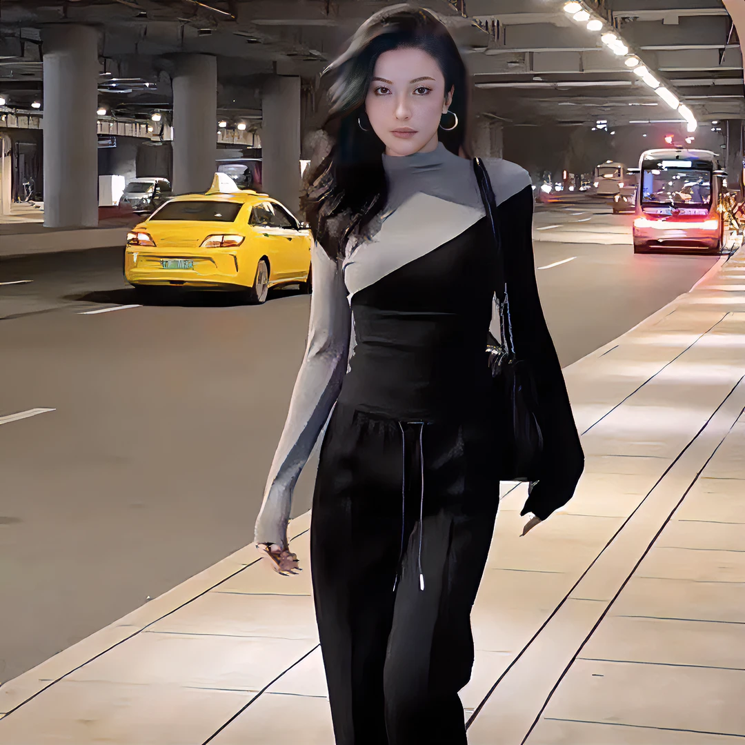 设计感拼接修身显瘦气质长袖时尚洋气网红高腰休闲百搭收腰上衣