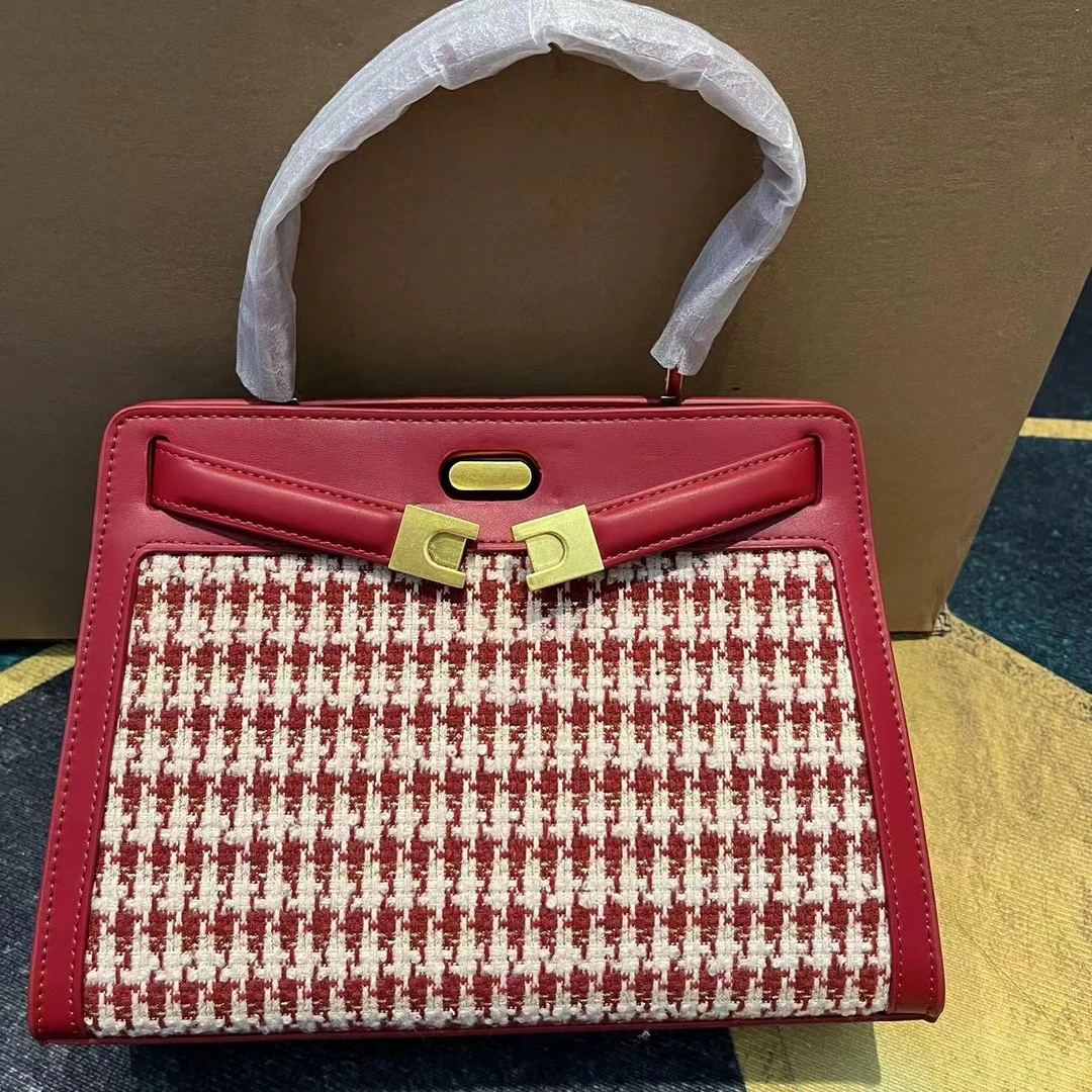 【现货】香港2024新款红色经典千鸟格单肩斜挎手提包