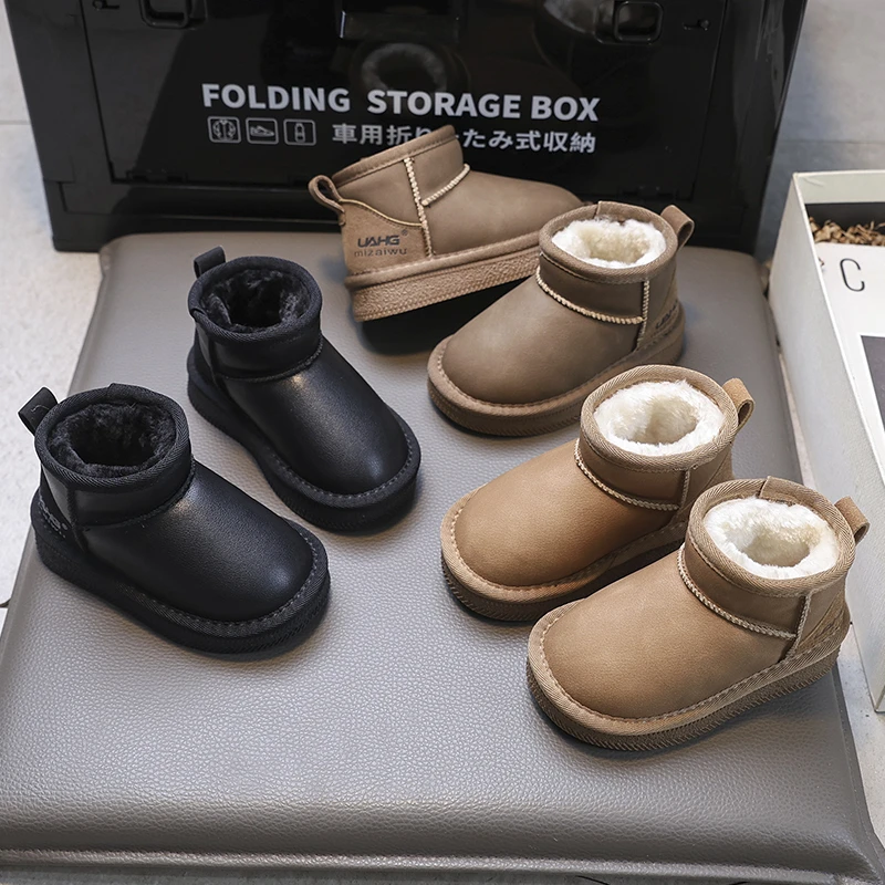 男童冬季皮面防水雪地靴女宝宝大棉保暖加绒加厚防滑棉鞋儿童短靴