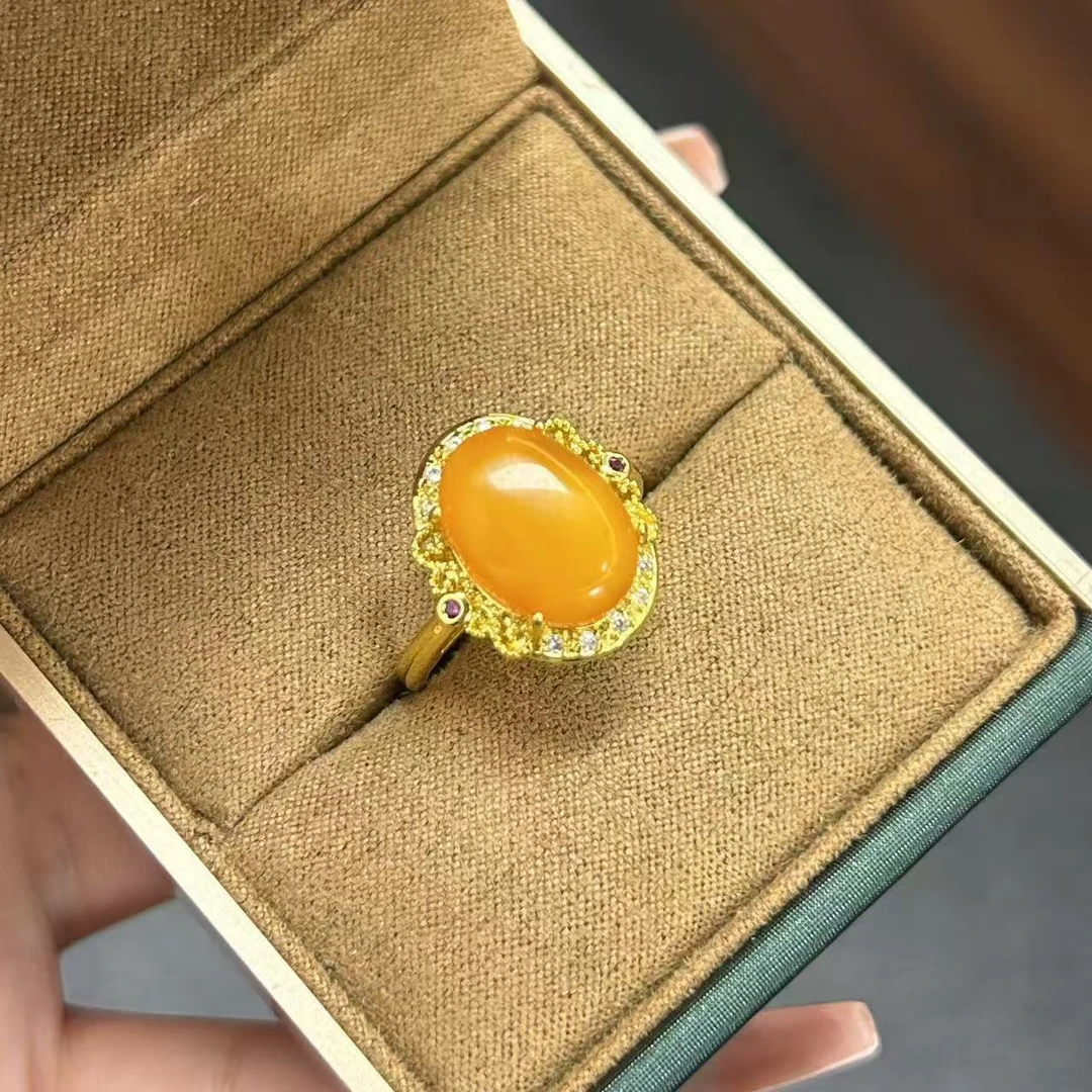 经典国风天然蜜蜡蛋面戒指769