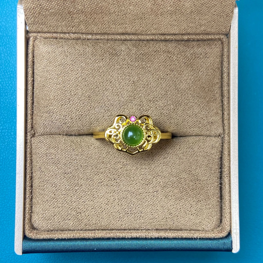 经典国风天然和田玉如意锁戒指558