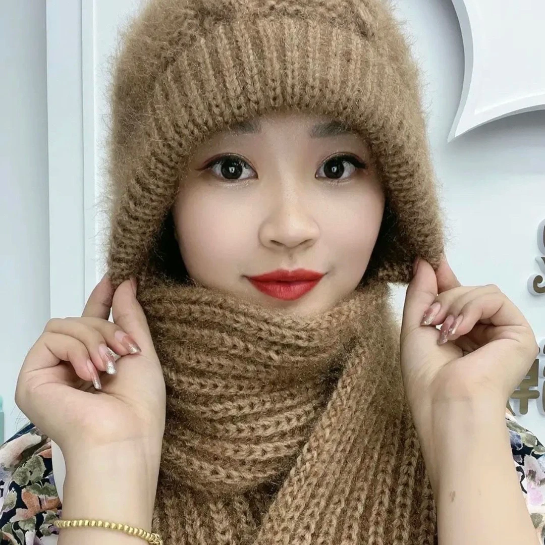 帽子围巾一体加厚风雪帽秋冬跨境复古松鼠绒毛线编织女保暖网红帽