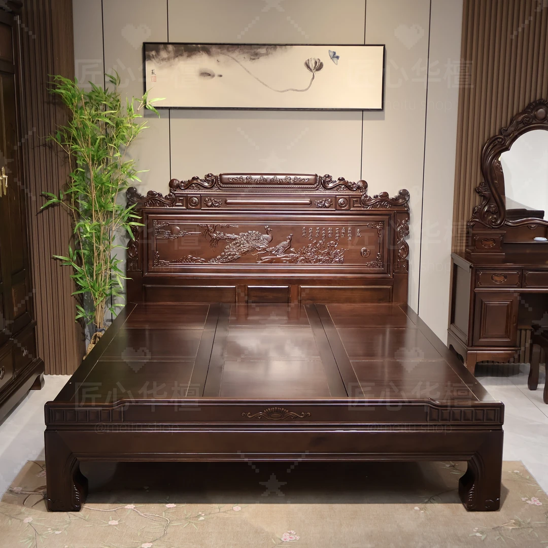 [匠心华檀]南美檀木兰亭序实木床婚床主卧雕花双人床大床工厂直销