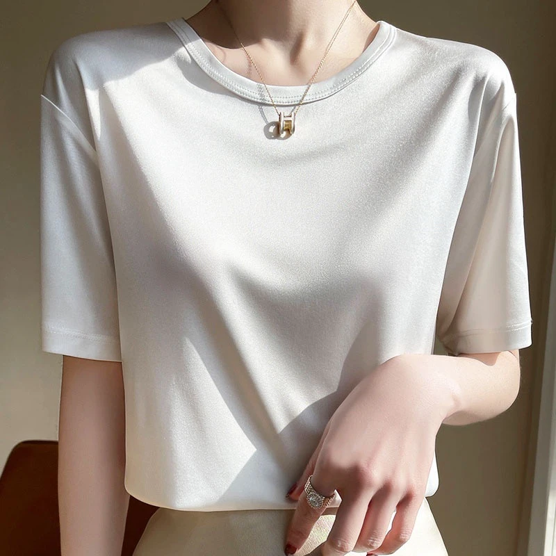 醋酸短袖t恤女圆领24新款夏季宽松纯色圆领百搭套头薄款上衣半袖