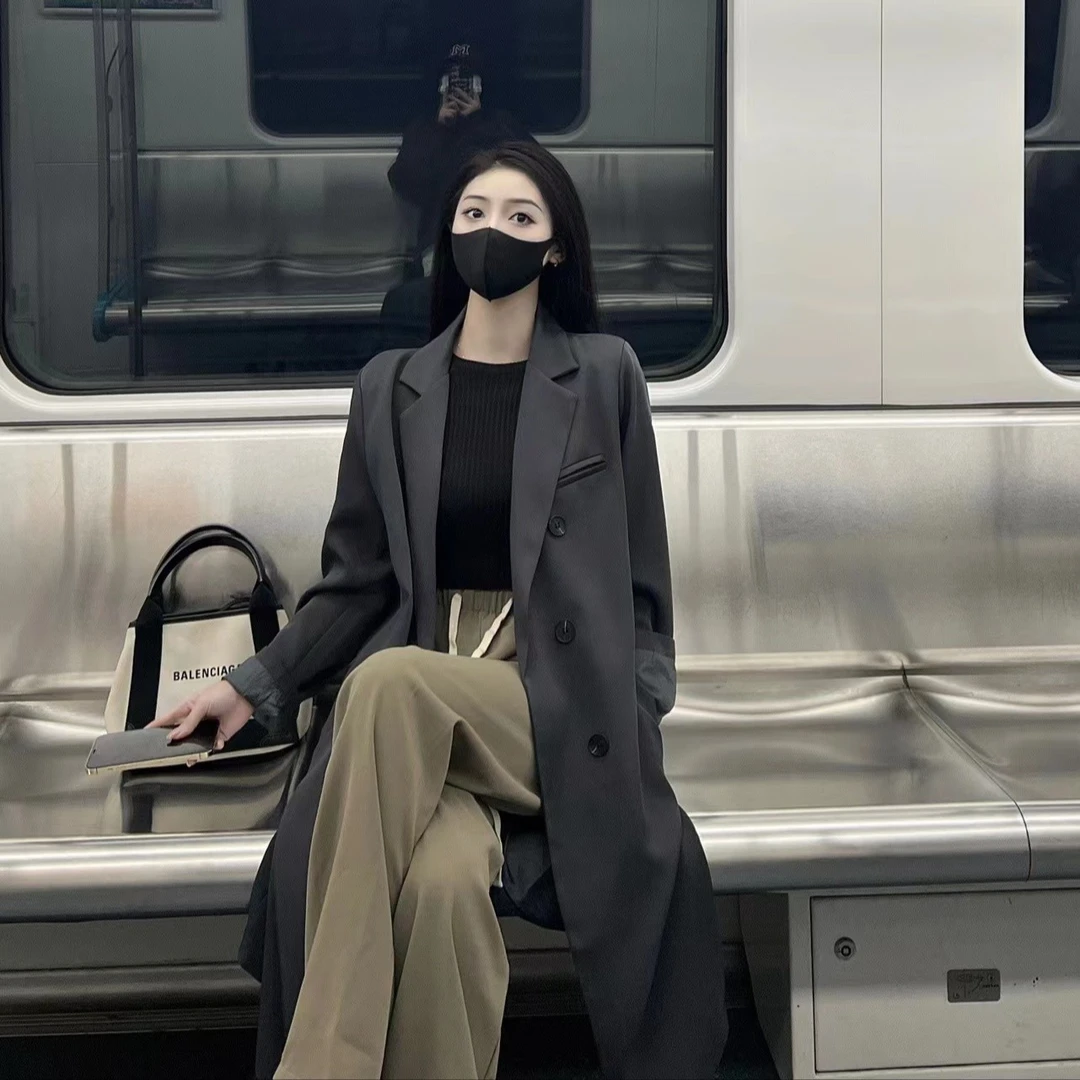 8806西装外套女韩版宽松中长款双排扣英伦风西服2024秋季新款