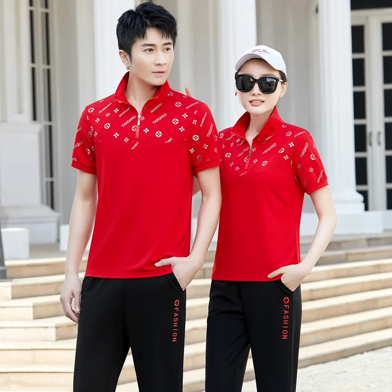 夏季情侣装运动套装新款时尚短袖T恤男女同款两件套中青年跑步服