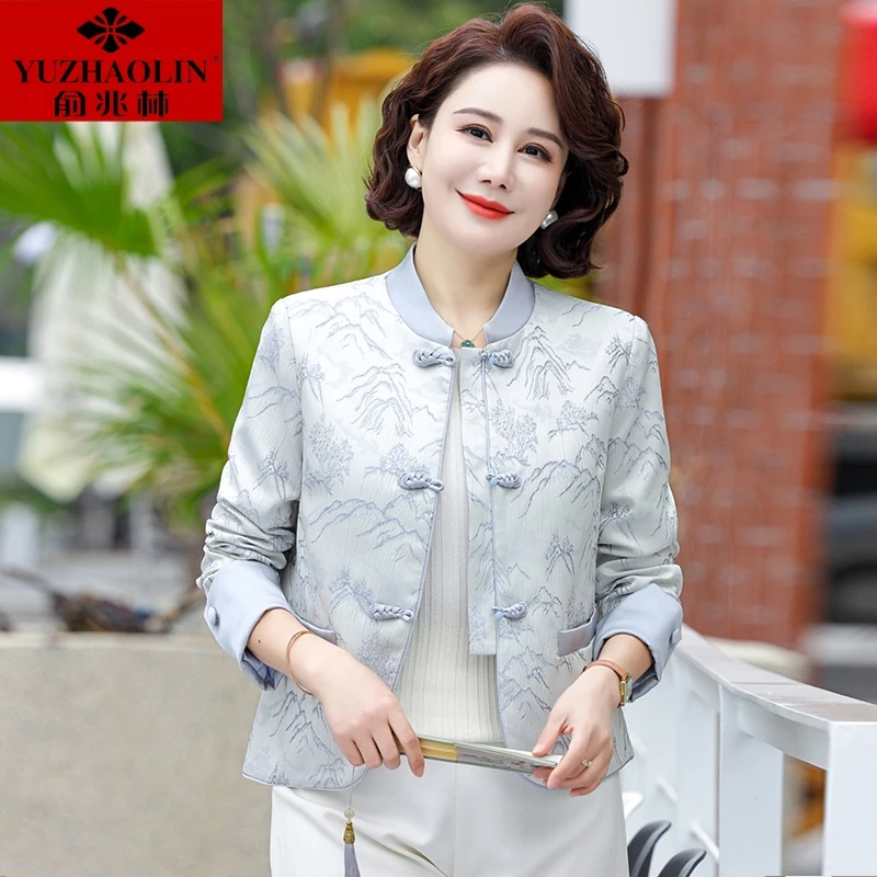 小个子妈妈秋装新中式国风中年2025新款短款春秋刺绣唐装上衣女