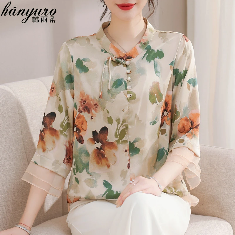 中年妈妈雪纺衫洋气大码衬衫套装中老年女装春夏季国风七分袖上衣