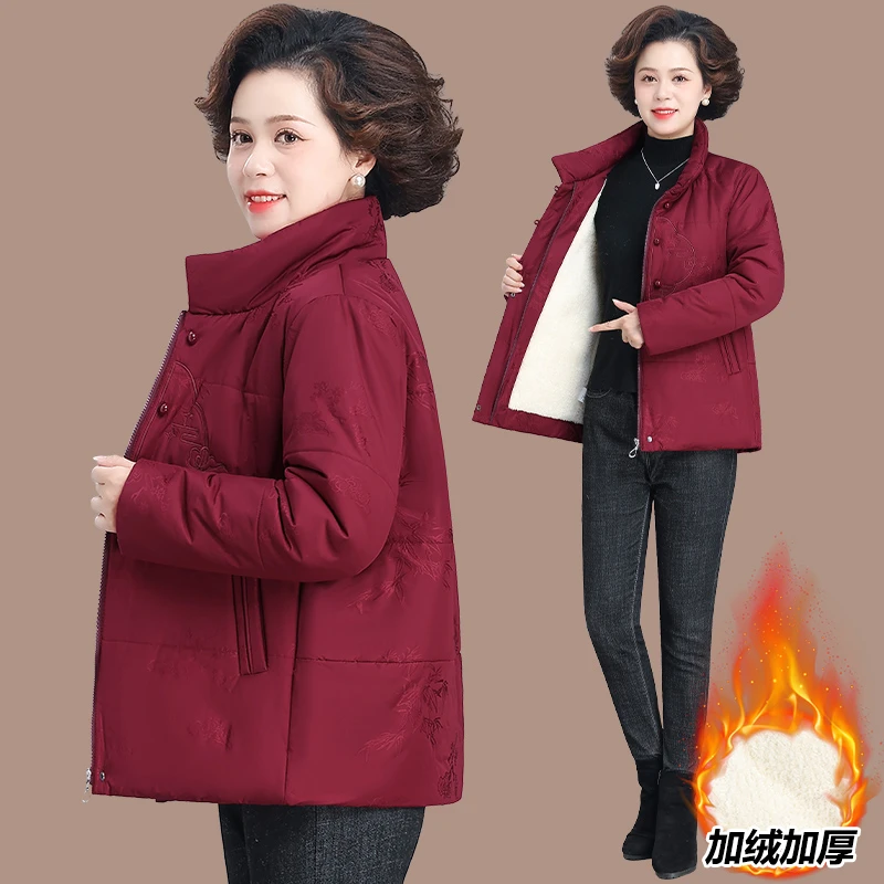 中老年妈妈冬装羽绒棉服本命年红色棉袄奶奶秋冬季加绒加厚棉衣女