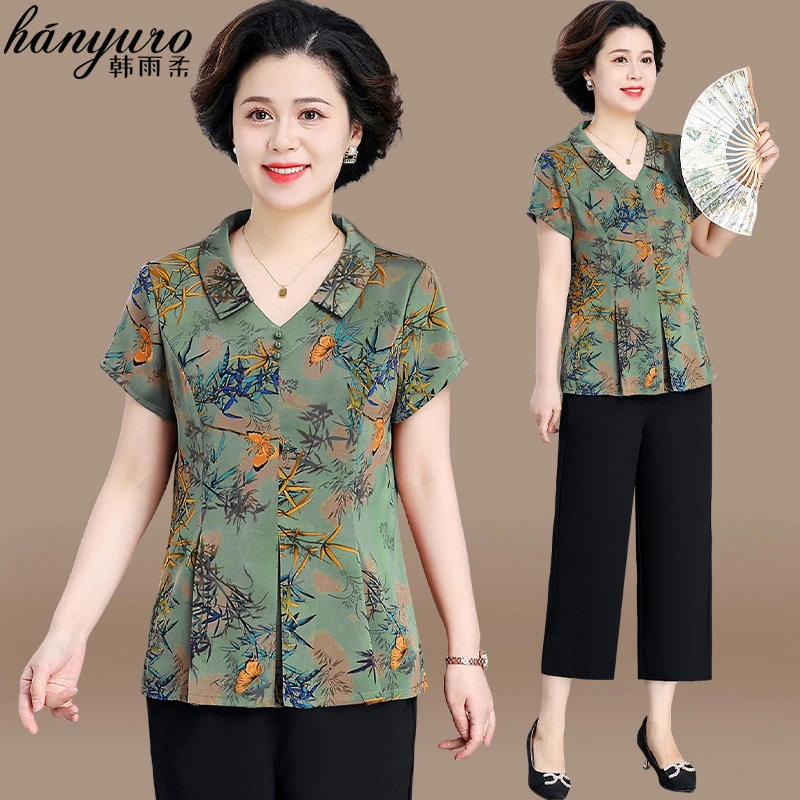中年女装妈妈夏装套装2024新款中老年阔太太短袖夏季中式国风上衣