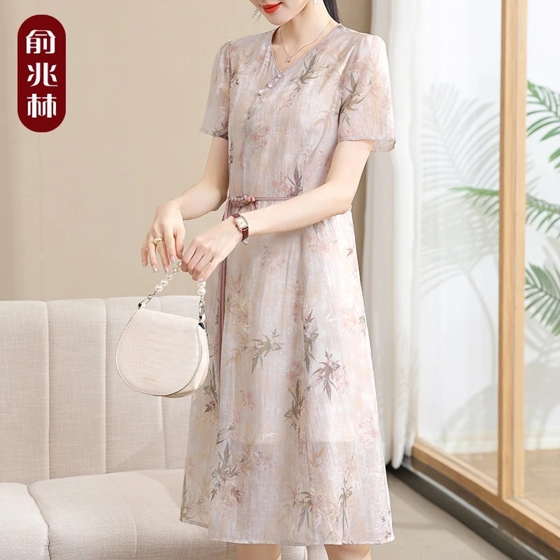 中年妈妈夏装连衣裙气质洋气中老年女装国风时尚裙夏季短袖长裙子