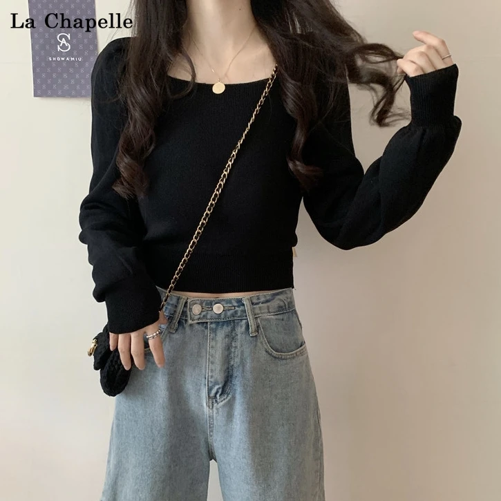 拉夏贝尔秋冬季韩风复古气质方领泡泡袖短款女套头百搭长袖打底衫