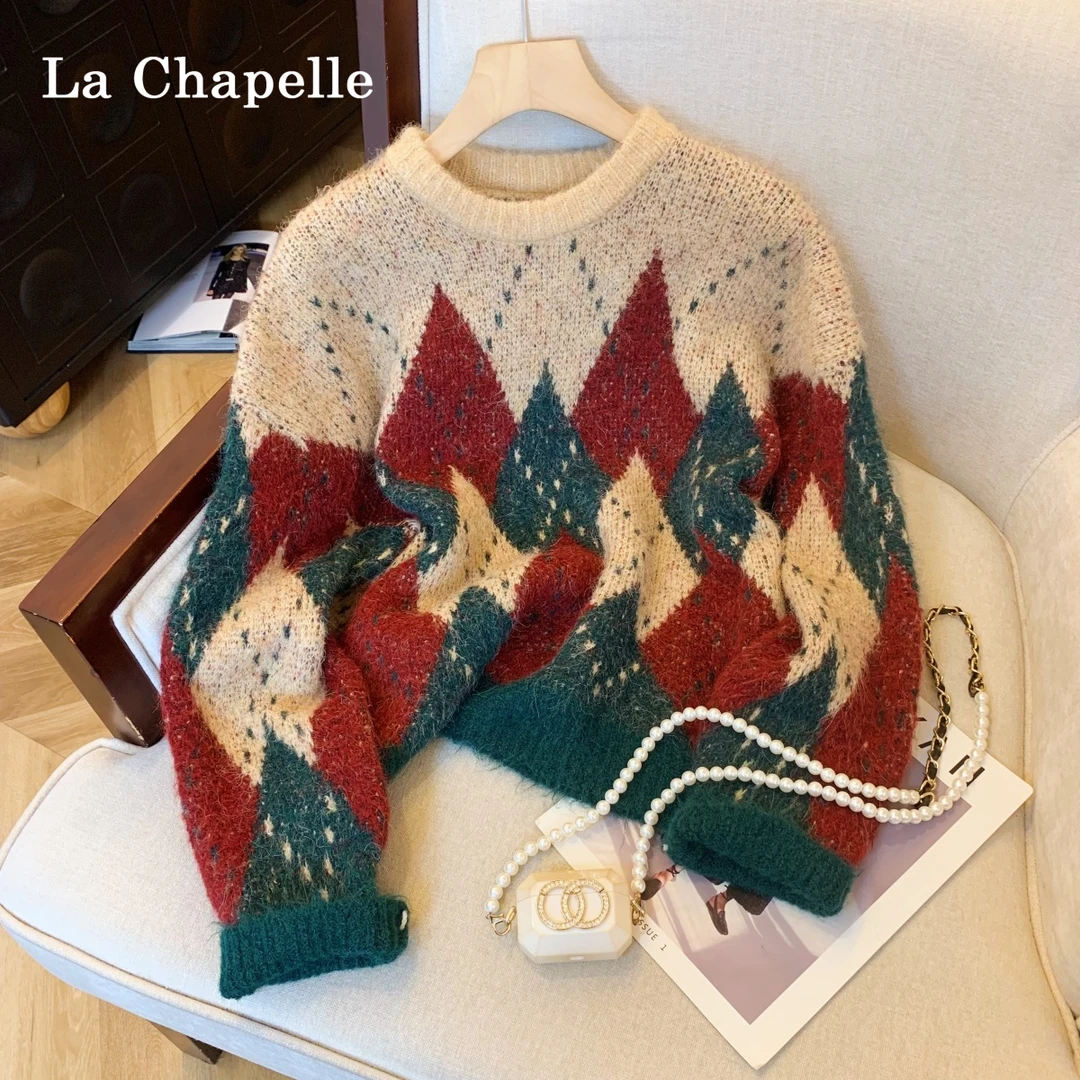 拉夏贝尔圣诞色系毛衣女秋冬美拉德复古宽松慵懒风圆领针织衫上衣