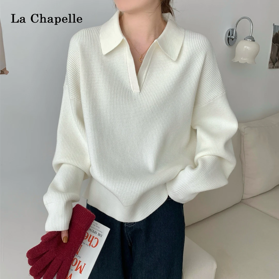 拉夏贝尔休闲polo领内搭毛衣女秋冬宽松百搭安迪绒针织打底衫上衣
