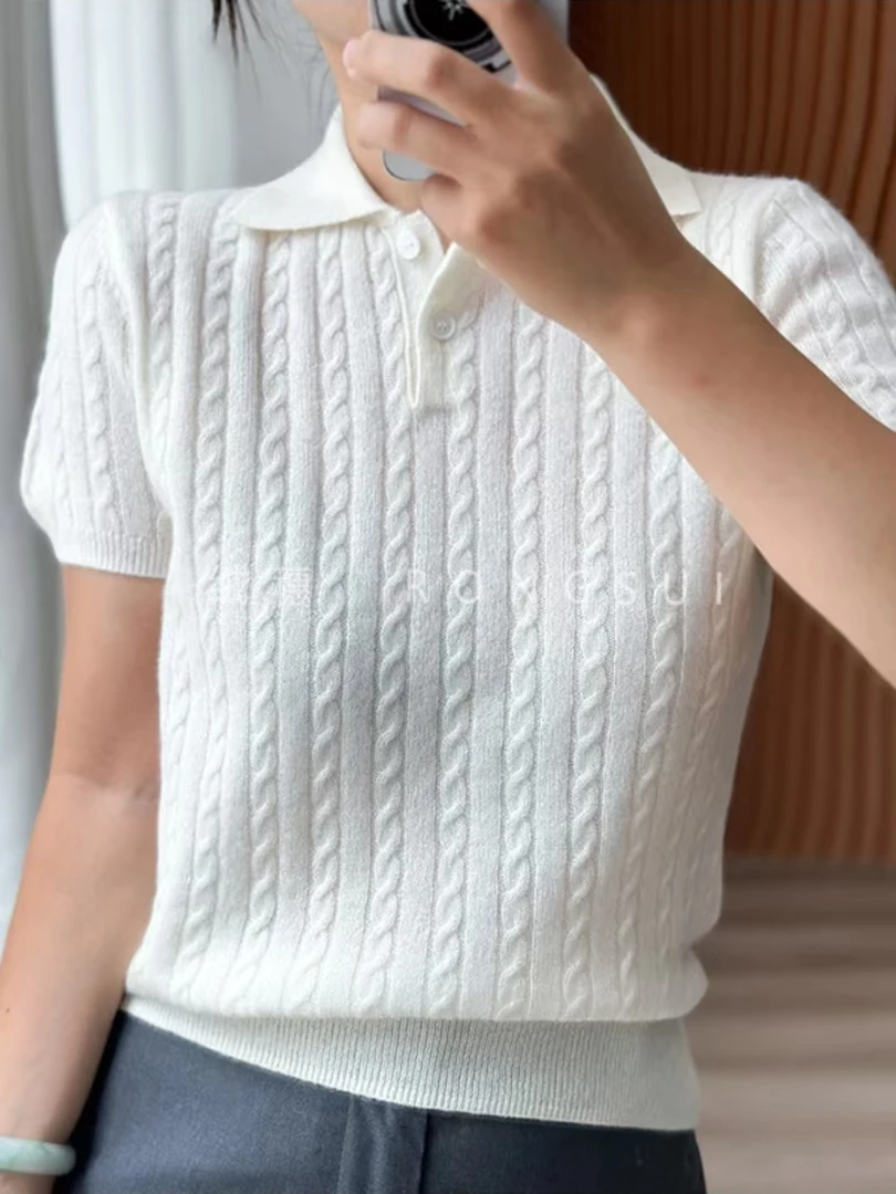 2024新款100%纯山羊绒女士麻花短袖polo领背心