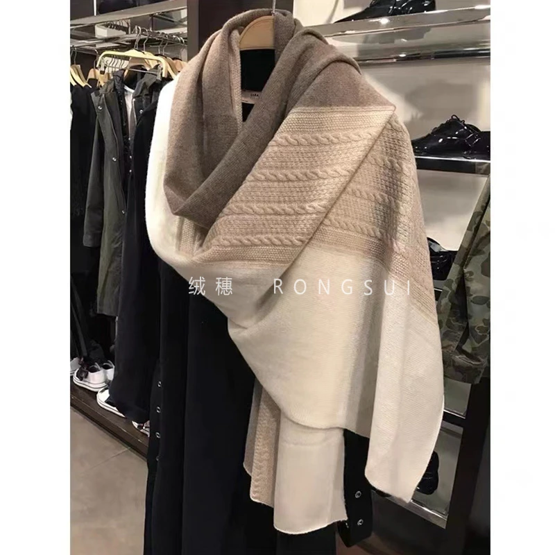 渐入佳境！100%纯羊绒围巾女秋冬保暖加厚拼色披肩女叠戴围脖
