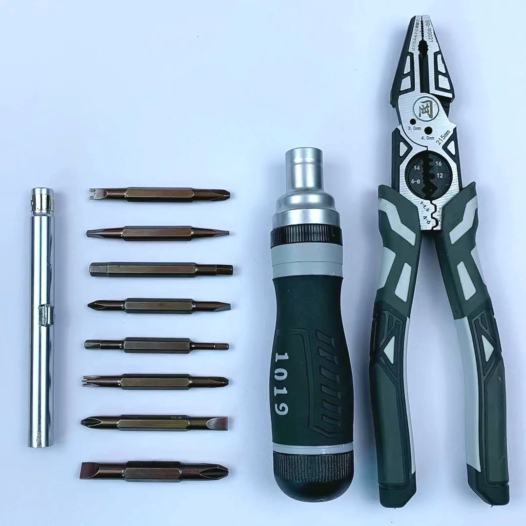 多功能组合工具2件套装 多功能19合一棘轮螺丝刀+高硬度9寸丝钳子