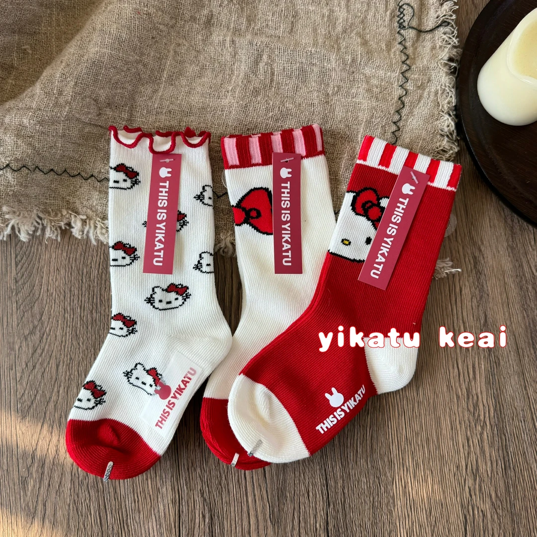 伊卡兔红色新年袜蝴蝶结韩系公主袜手工对目无骨缝头卡通可爱喜庆