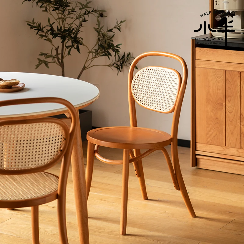 小半家具实木餐椅餐厅藤编复古椅子简约餐桌椅日式靠背家用休闲椅