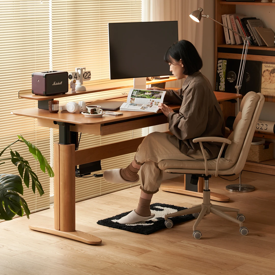 小半家具电动升降桌实木日式家用书桌樱桃木北欧电脑学习桌工作台