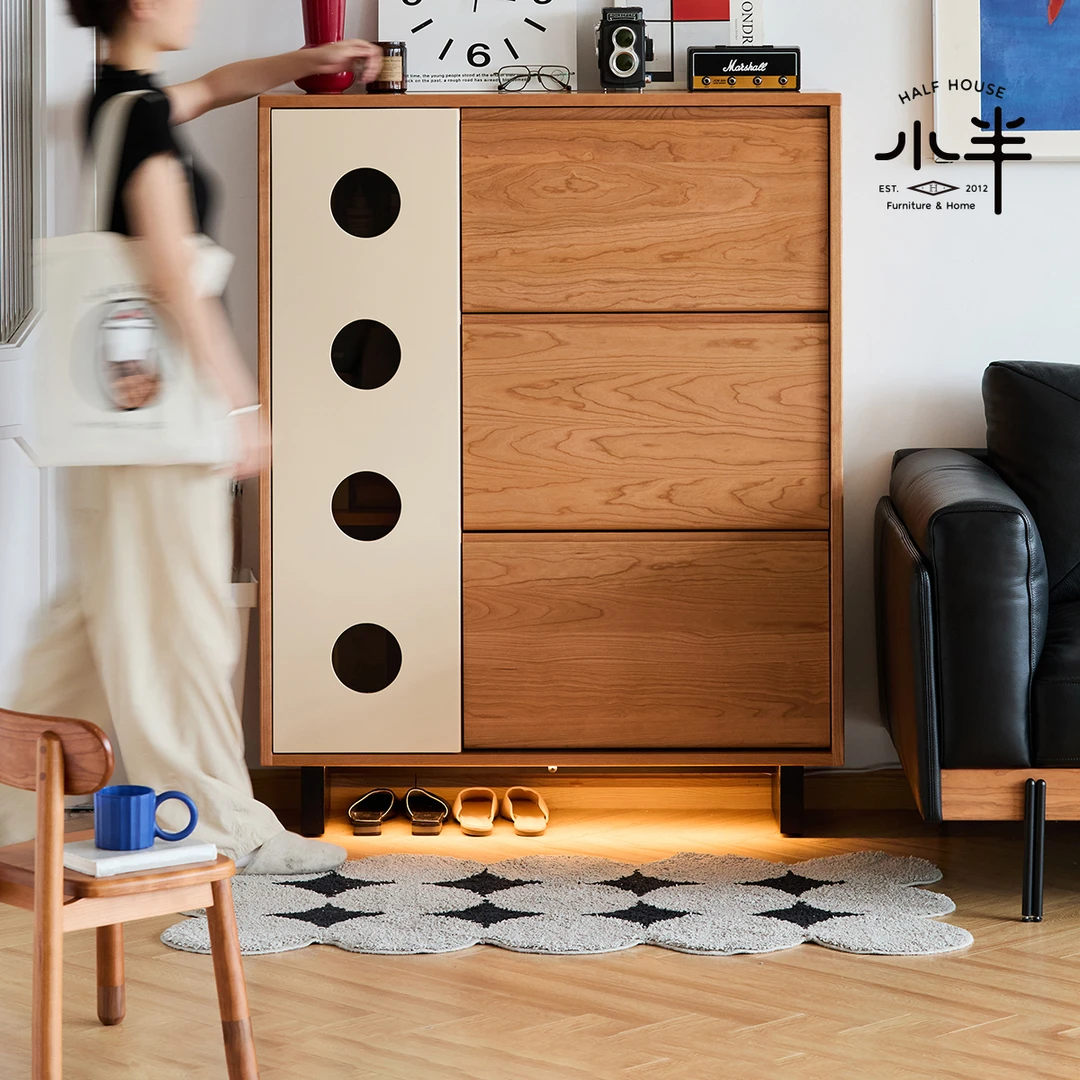 小半家具  入户鞋柜家用室内中古风实木翻斗新款樱桃木玄关入户柜