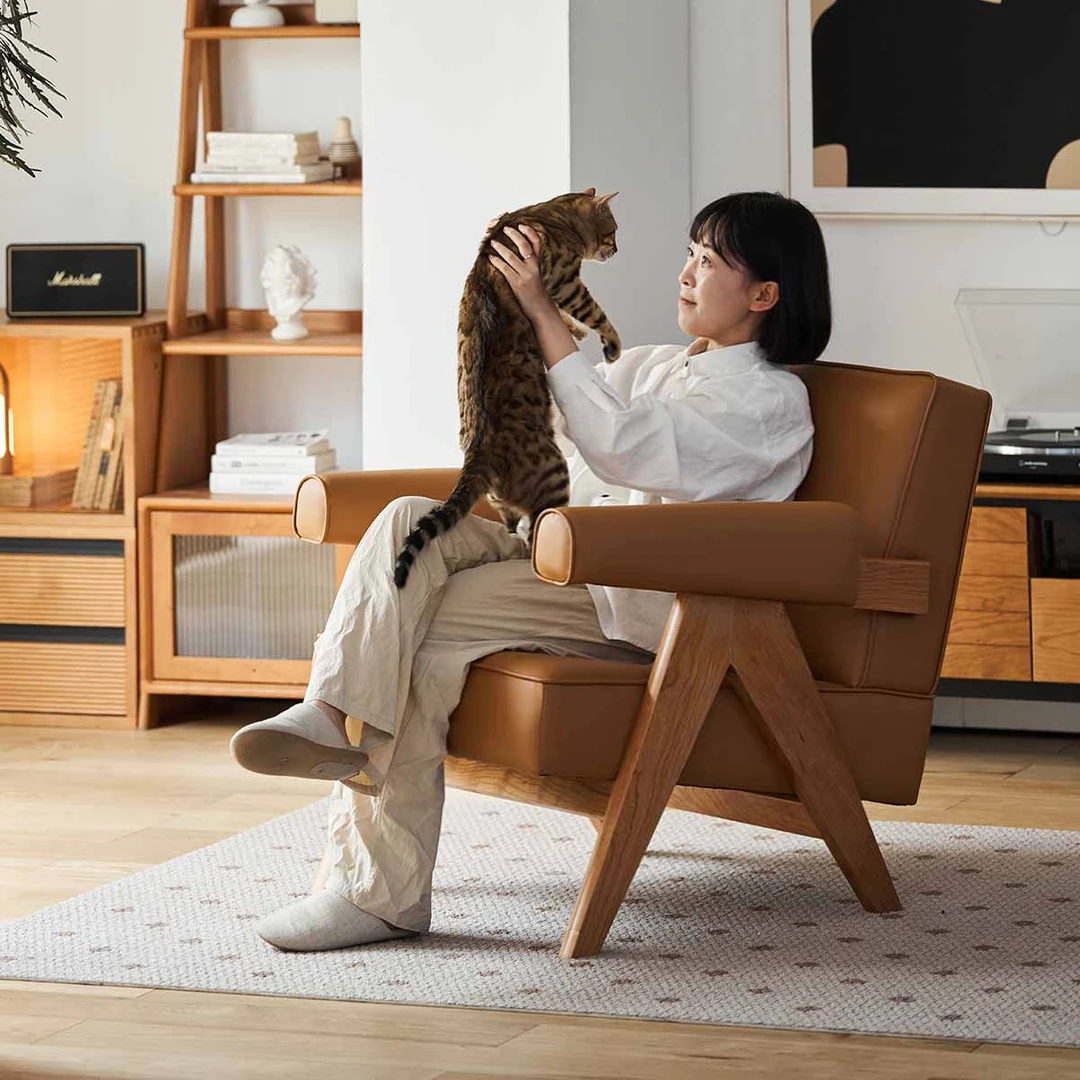 小半家具单人沙发椅设计师中古椅樱桃木客厅休闲北欧复古实木椅子